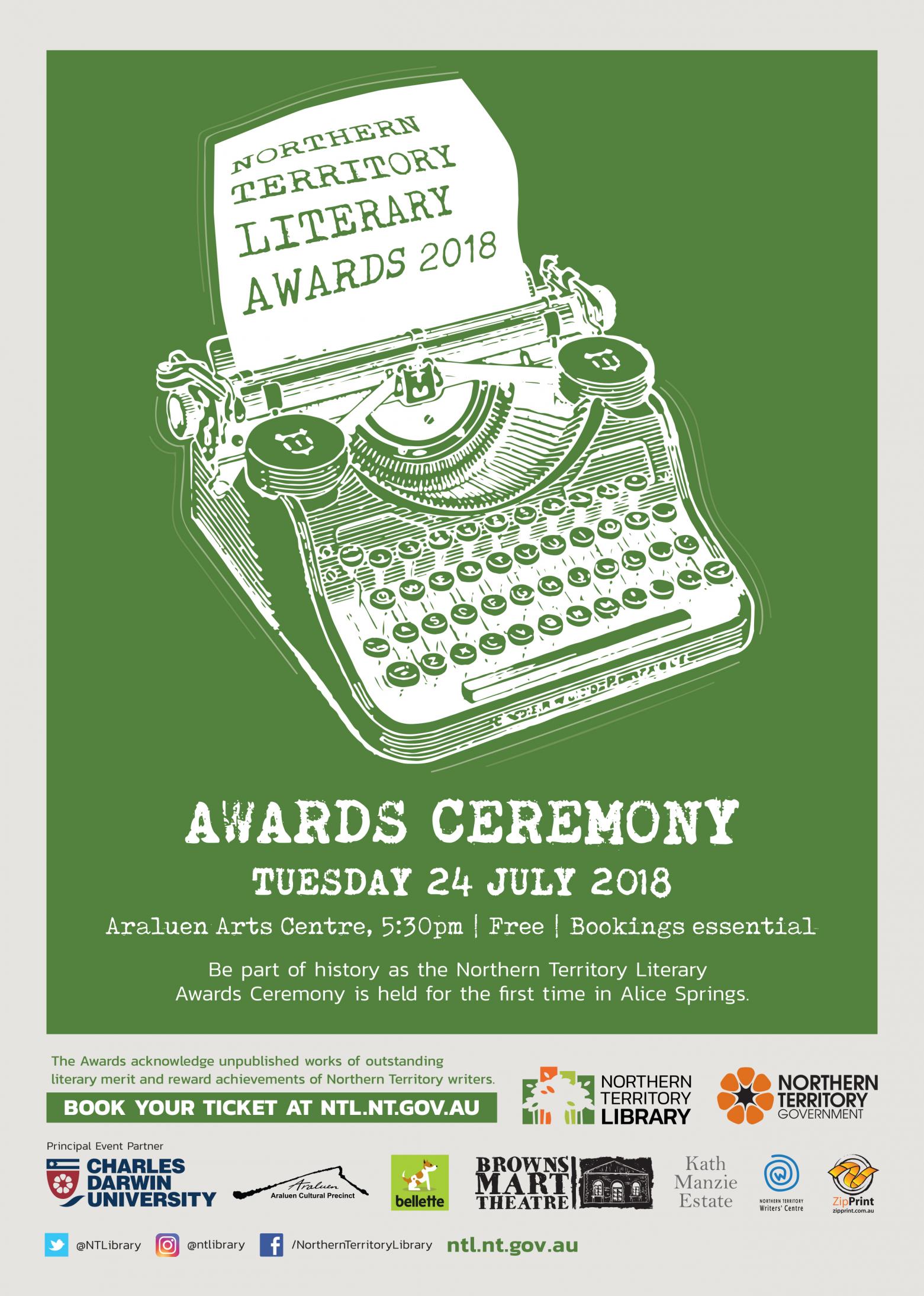 Green poster promoting the Northern Territory Literary Awards