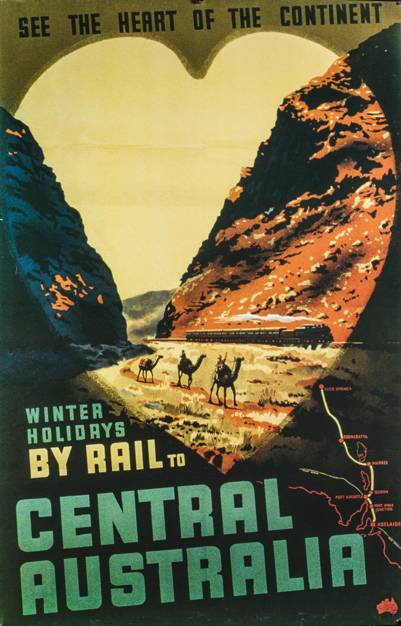 Tourism poster from 1959 promoting travel in Central Australian. Camels in the foreground and a train in the background. 