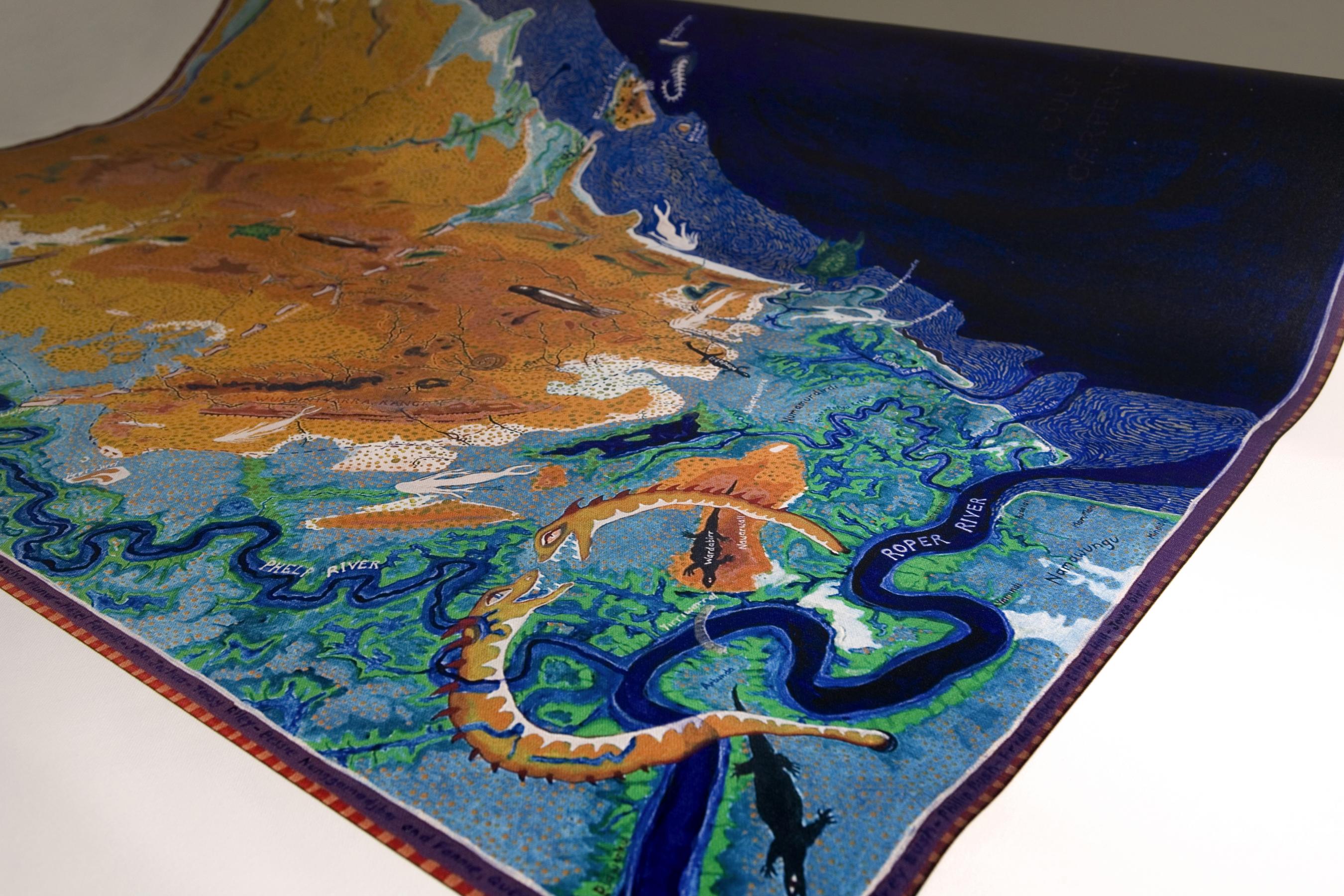 Photo of a digitally painted pictorial map of the Gulf of Carpentaria region
