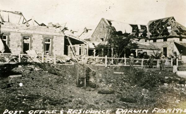 Darwin Post Office and Residence after bombing showing damaged roof.